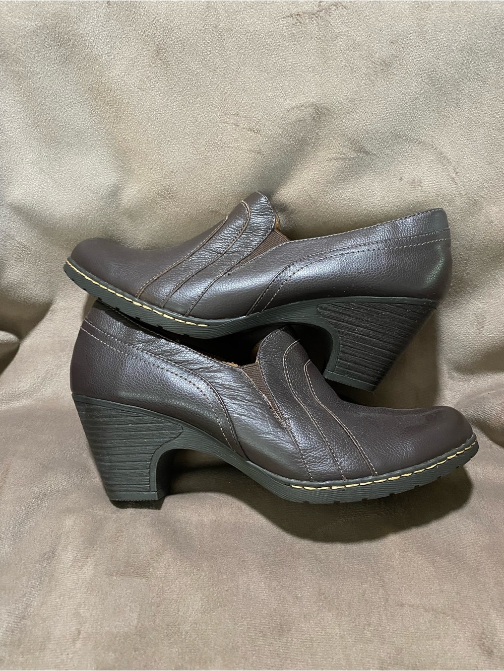 Women's Dark Brown Leather Block Heel Ankle Slip-Ons
